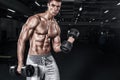 Athletic shirtless young sports man - fitness model holds the dumbbell in gym. Copy space fore your text. Royalty Free Stock Photo