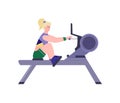 Woman does sport exercises with gym trainer flat vector illustration isolated. Royalty Free Stock Photo