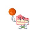 An athletic strawberry slice cake cartoon design style playing basketball