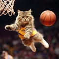 athletic tabby cat jumping midair in front of a basketball hoop, ready to score the winning shot Royalty Free Stock Photo
