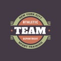 Athletic team department - typography vintage logo for t-shirt. Retro artwork badge for outfit print of three colors. Vector