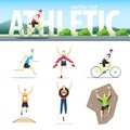 Athletic vector set with different sportsmen: cyclist, rock clim