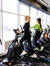 Athletic woman doing fitness cardio exercises in the gym on stepper machine. Two sporty women working out together Royalty Free Stock Photo