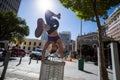 Athletic woman performing handstand on bin Royalty Free Stock Photo