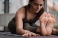 Athletic woman practices yoga. Close up. Morning calm mood