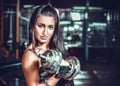 Athletic woman pumping up muscules with dumbbells Royalty Free Stock Photo