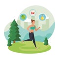 athletic woman running in the landscape with healthy icons Royalty Free Stock Photo