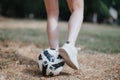 Attractive Girl Enjoying Outdoor Football Freestyling in a Sunny Park Royalty Free Stock Photo