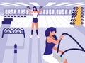 athletic women lifting dumbbells and rope sport in gym