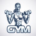 Athletic young fitness woman with dumbbells. Vector illustration