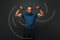 Stronger and faster. Dark skinned sportsman working out with dumbbells over dark background. Graphic drawing. Royalty Free Stock Photo