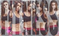 Athletic young woman after hard workout at gym. Fitness girl holds shaker with sportive nutrition. Collage of photo. Royalty Free Stock Photo