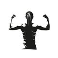 Athletic young woman showing muscles on her back and arms. Isolated vector silhouette, ink drawing. Fitness logo Royalty Free Stock Photo