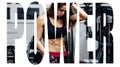 Athletic young woman showing muscles after workout in gym. Motivation sign.