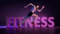 Athletic young woman in sports uniform running along 3d lettering over dark background in neon light. Sport, action