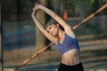 Portrait of a beautiful young woman in sportswear outdoors. Sport fitness model caucasian ethnicity training. Royalty Free Stock Photo