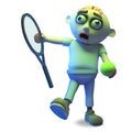 Athletic zombie monster is about to serve in a game of tennis, 3d illustration