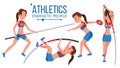 Athletics Female Player Vector. Win Concept. Various. Race Competition. Hurdle long Jump. In Action. Cartoon Character