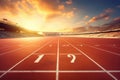 Athletics Track and Field with Blue Sky Background, 3D Rendering, Athlete running track with number on the start in a stadium, AI Royalty Free Stock Photo