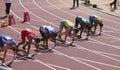 Athlets running 100 meters on the IAAF World U20 Championship in Tampere, Finland 10 July, 2018 Royalty Free Stock Photo