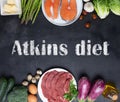 Atkins Diet food ingredients on balck chalkboard, health concept, top view with copy space. Concept with text