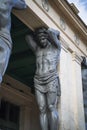 Atlant sculpture on Winter Palace portico in St Petersburg, Russia. Atlant architectural sculpture close up view