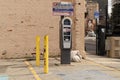 Pay to park kiosk downtown and homeless man sleeping Royalty Free Stock Photo