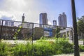 View of the city of Atlanta skyline from behind a fence