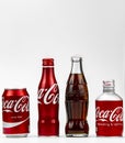 Atlanta, Georgia, USA April 1, 2020: four different types of cans and bottles of Coca-Cola - nostalgic, classic, rare
