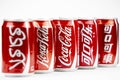 Atlanta, Georgia, USA April 4, 2020: five cans of Coca-Cola with a logo in different languages: Russian, Arabic, Korean