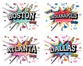 Atlanta, Indianapolis, Dallas and Boston Comic Text Set in Pop Art Style on White Background