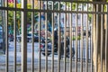 Atlanta Police officer on a motorcycle through a fence downtown Atlanta Royalty Free Stock Photo