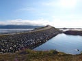 Atlanterhavsveien in Norway, road and sea, water on both side of the road, bridge going up in the sky, Royalty Free Stock Photo