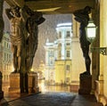 Atlantes of the Hermitage and rain in St. Petersburg