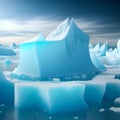 Atlantic, antarctic floes, glaciers and icebergs floating on surface. Isolated masses of cracked ice. Global warming, climate