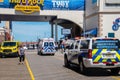 Ambulance on the boardwalk in Atlantic City, New Jersey leaving from an incident at the beginning of summer festival beach ball