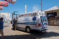 Ambulance on the boardwalk in Atlantic City, New Jersey responding to an incident at the beginning of summer festival beach ball