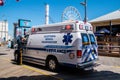 Ambulance on the boardwalk in Atlantic City, New Jersey responding to an incident at the beginning of summer festival beach ball