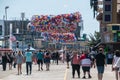 Huge bags of beach balls suspended over the boardwalk to celebrate the annual Beach Ball Drop