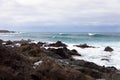 Atlantic coastVolcanic caldera.Windy an raining day with many waves. Lanzarote, Spain