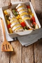 Atlantic cod fish baked with pepper, tomatoes, onions and lemon Royalty Free Stock Photo