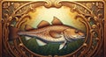 Atlantic Cod Fish in Golden Ornamental Frame, Underwater Light And Aquatic Ambience Royalty Free Stock Photo