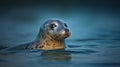 Atlantic Grey Seal, Halichoerus grypus, Animal swimming in the ocean waves, Portrait in the dark blue water with morning light, Royalty Free Stock Photo