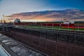 Atlantic Huron freighter passes through the Soo locks in Sault Ste Marie Michigan at sunset Royalty Free Stock Photo