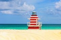 Atlantic Ocean background. Miami Beach, Florida, USA sunrise and life guard tower. Sandy Tropical Scene. Royalty Free Stock Photo