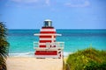 Atlantic Ocean background. Miami Beach Lifeguard Stand in the Florida sunshine. Royalty Free Stock Photo
