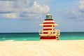 Atlantic Ocean background. Miami South Beach lifeguard tower and coastline with cloud and blue sky. Royalty Free Stock Photo