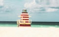 Atlantic Ocean background. Miami South Beach lifeguard tower and coastline with cloud and blue sky. Royalty Free Stock Photo