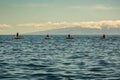 Atlantic Ocean off the west Coast of Tenerife. Four silhouettes on scooters swing on a quiet wave. La Gomera Island on the