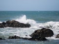 Atlantic Ocean waves crashing against rocks in Portugal Royalty Free Stock Photo